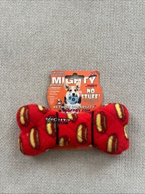 Mighty Tuffy Red Hot Dog Print Plush Bone Dog Toy
